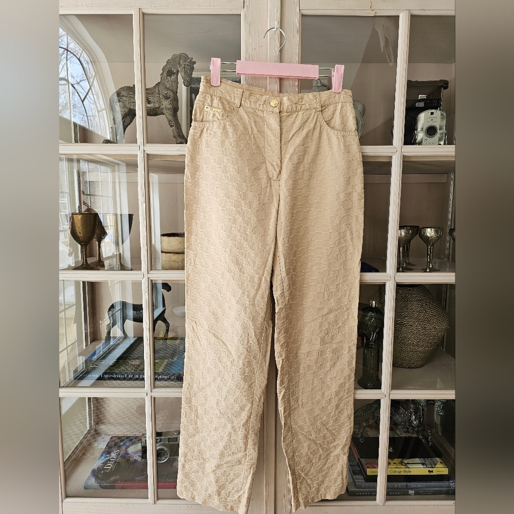 $310 St. John Beige SD Print Straight Leg Pant Hight Rise